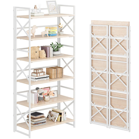 4NM 6 Tiers No Assembly Book Shelves, 61.8" H Folding Bookshelf Bookcase Open Industrial Foldable Shelves for Bedroom, Living Room, Home Office - Natural White 4NM