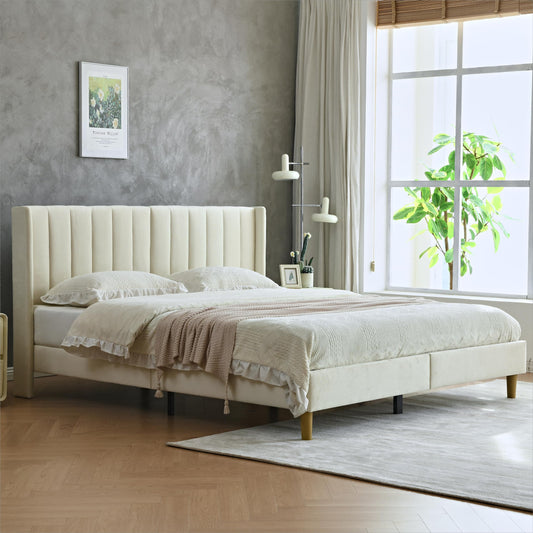 YUHUASHI upholstered Platform Bed Frame/King Bed Frame/Modern Geometric Double-Wing Design headboard/Velvet Fabric/Easy to Assemble no Noise (Cream, King (U.S. Standard))