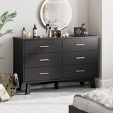 Dresser for Bedroom, 6 Drawer Wide Modern Chest of Drawers with X-Shaped Sturdy Base, Wood Double Dresser Closet Clothes Storage Organizer, Wooden Dresser TV Stand for Living Room, Hallway, Black Xixini