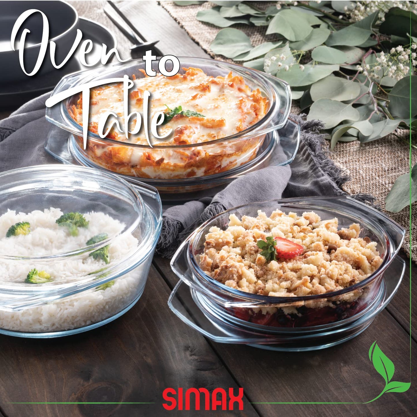 Simax Casserole Dish Set with Lid, Round Glass Cookware, Borosilicate Glass, Made In Europe 1 Qt, 1.5 Qt and 2 Qt Baking Dishes, Set of 3