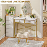 Small Vanity Desk No Mirror for Kids Bedroom, 31.5 Inch Vanity Table with Drawers, Makeup Vanity Desk for Narrow Spaces, White and Gold(No Mirror) ThreeHio