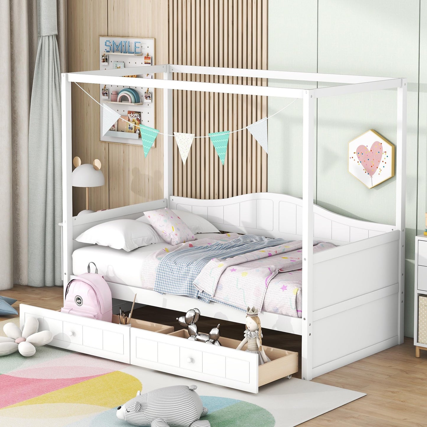 Bellemave Twin Size Canopy Daybed with 2 Drawer,Wood Canopy Bed Frame,4 Poster Bed for Kids,Teens, Adults,Space Saving,White