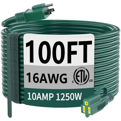 HUANCHAIN Indoor Outdoor Green Extension Cord 100 ft Waterproof, 16/3 Gauge Flexible Cold-Resistant Appliance Extension Cord Outside, 10A 1250W 16AWG SJTW, 3 Prong Heavy Duty Electric Cord, ETL