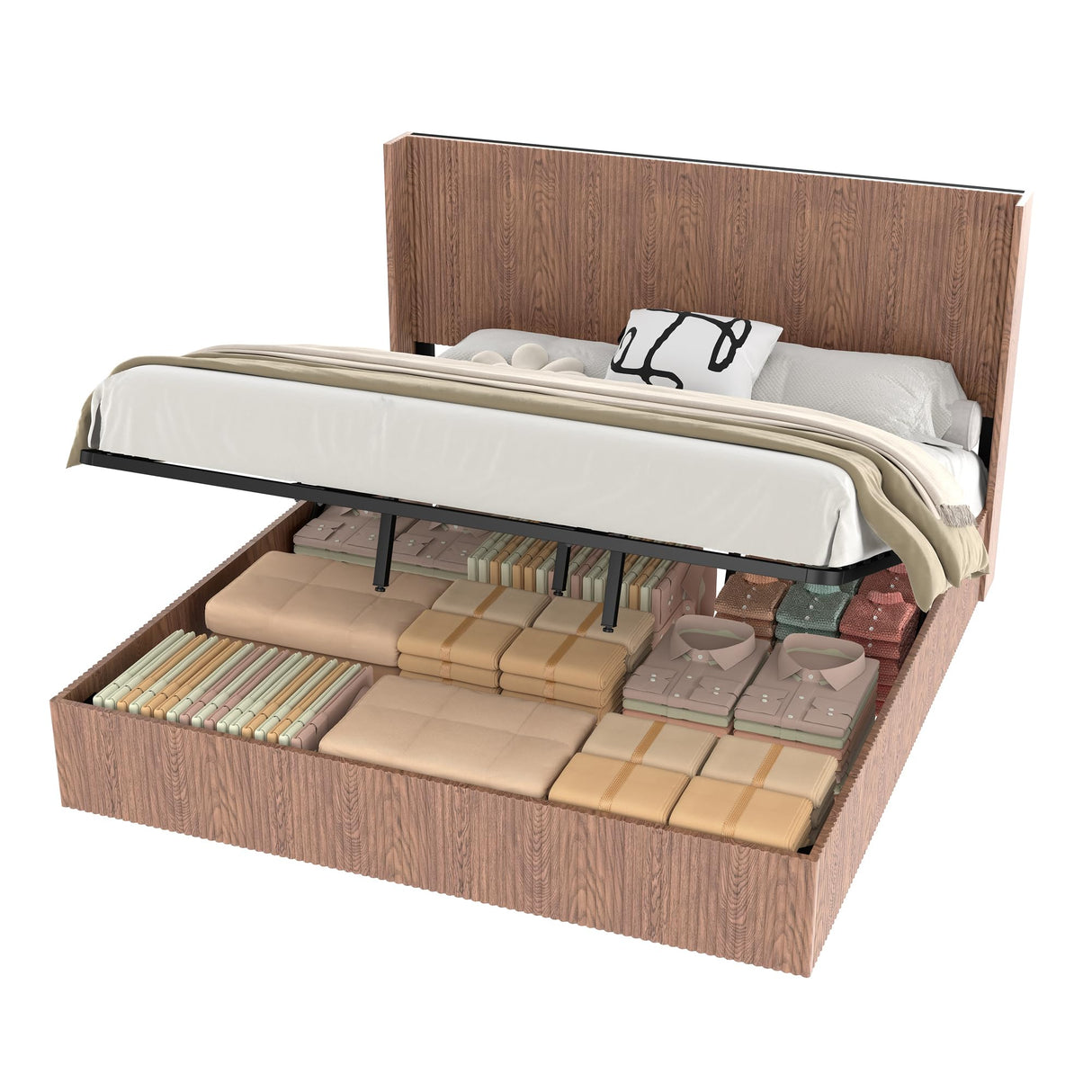 Lift Up Storage Bed King Size, King Bed Frame with Headboard and Lift Storage System, Wood Headboard with Wing-Back and Convex Groove Board Design Bellemave