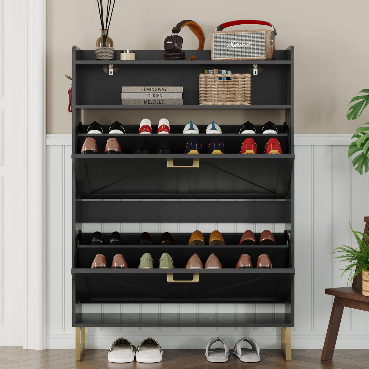 BORNOON Shoe Cabinet with 2 Flip Drawers Narrow Shoe Storage Cabinet Organizer Wooden Freestanding Rack Hidden Slim Storage for Entryway, Hallway, Living Room, Bedroom (Black) BORNOON