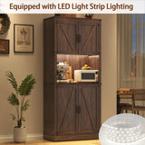 72" Tall Farmhouse Kitchen Pantry Cabinet with LED Light and Power Outlet,Modern Farmhouse Kitchen Storage Cabinet w Load-Bearing Steel Pipe,Barn Doors, Organizer,Food Pantry Cabinets(Rustic Brown) chartustriable