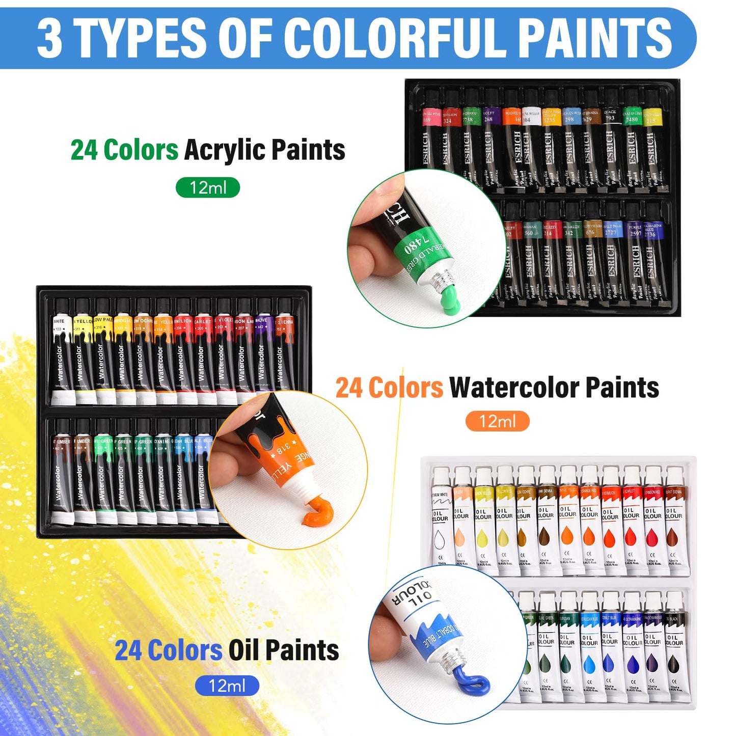 ESRICH 122PCS Professional Painting Set with 1 Wood Easel,72Colors (24 Acrylic Paint, 24 Watercolor,24 Oil) Paint Set, Brushes, Canvases, Painting Supplies Kit for Kids,Students, Artists and Beginner