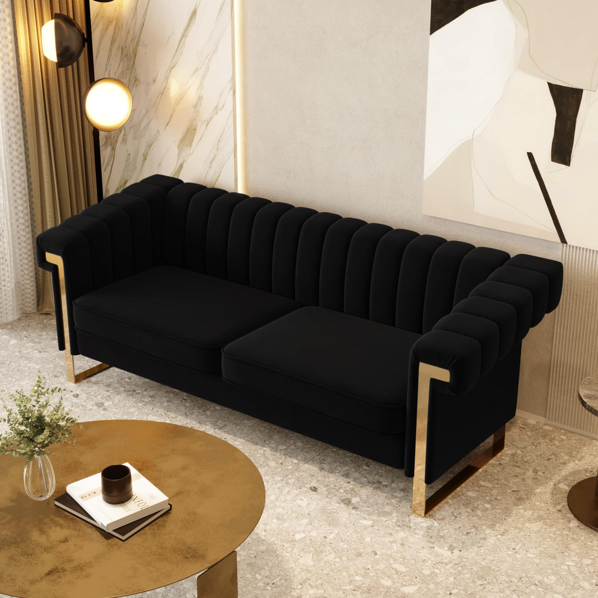 yunqishi Mid-Century Modern Black Velvet Sofa with Gold Metal Legs, 83.86" Luxury Chesterfield Comfy Couches for Living Room (Velvet, Black) yunqishi