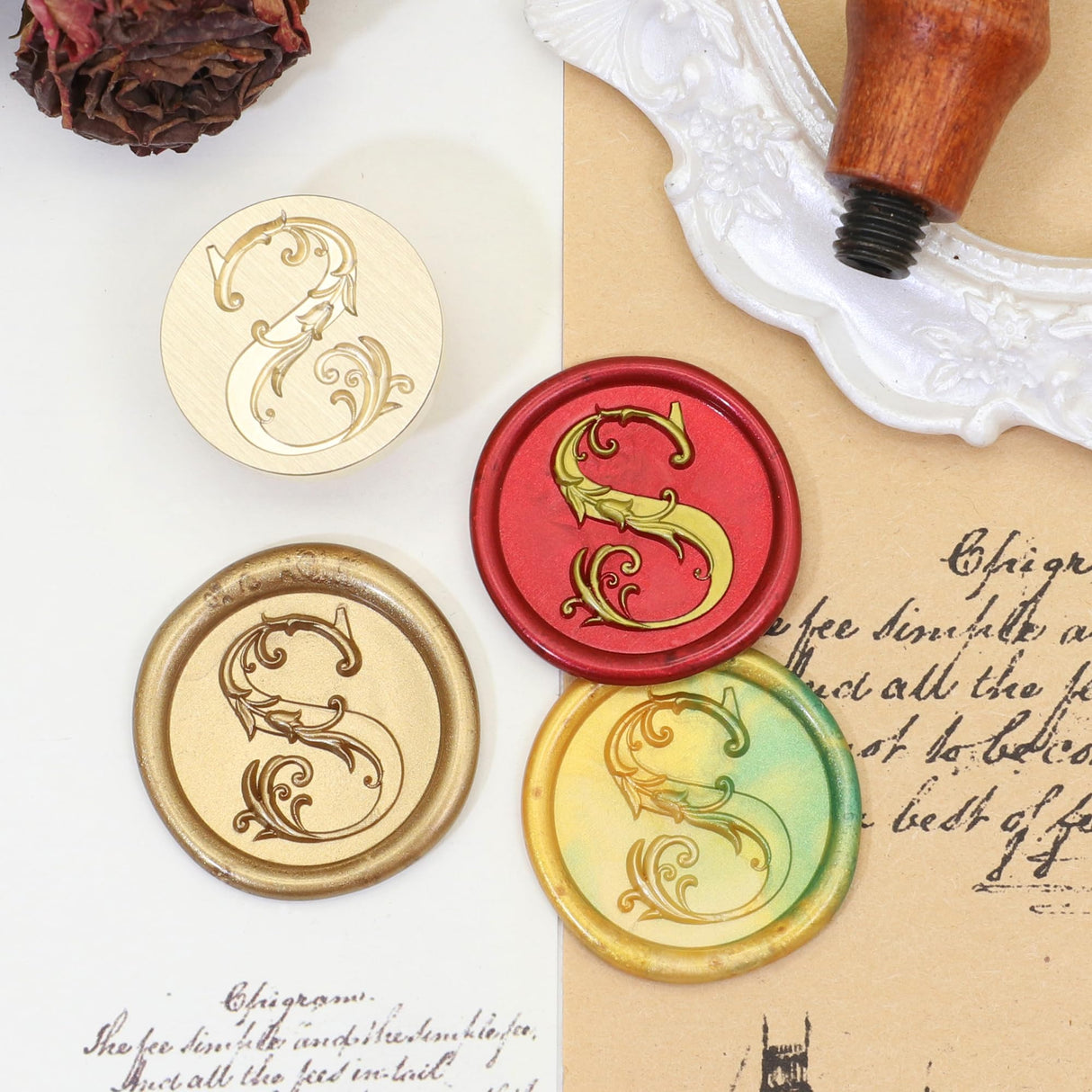 Letter Wax Seal Stamp Kit, SWANGSA 3D Floral Initial Alphabet S Sealing Stamp and 200pcs Sealing Wax Beads Kit for Wedding Invitations Cards Envelopes SWANGSA