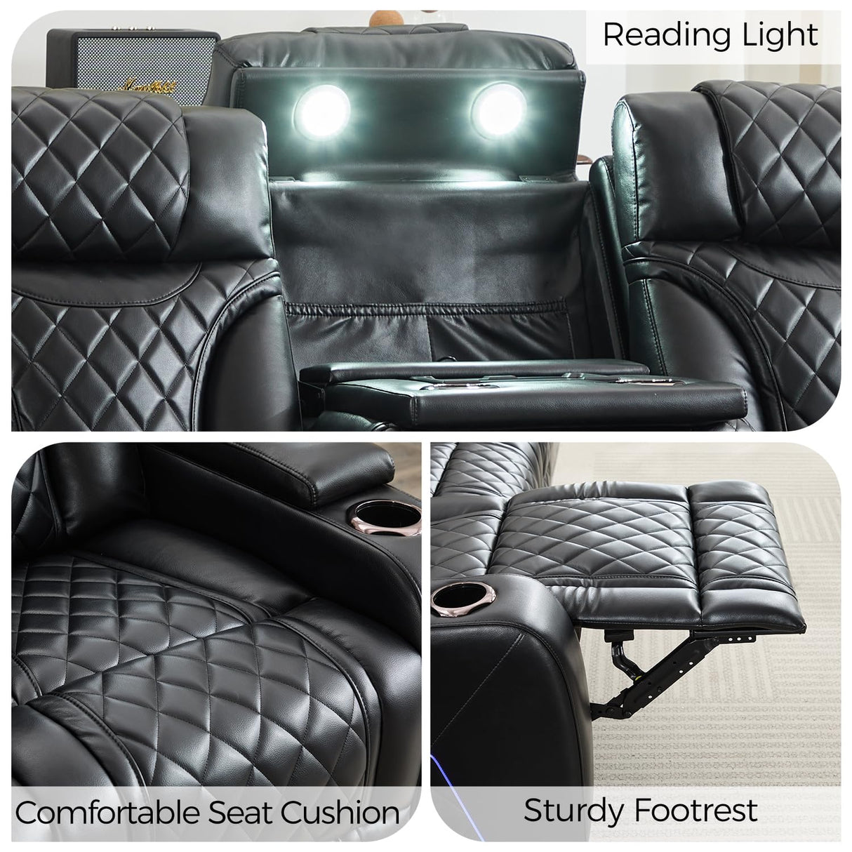 Power Recliner Sofa Set of 3 Pieces with Adjustable Headrest, Wireless Charger for Living Room, Electric Reclining Couch, Faux Leather 3 Seaters and Loveseat and Theater Chair with LED Lights, Black Comfort Stretch