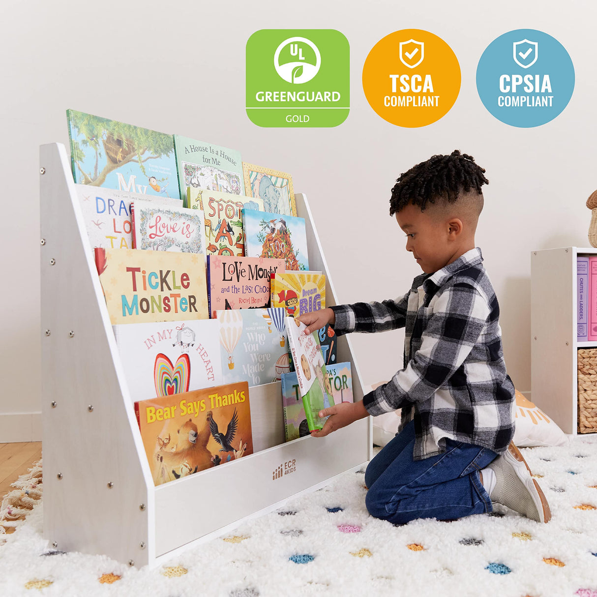 ECR4Kids Streamline Single-Sided Book Display with Storage, Classroom Bookshelf, White Wash ECR4Kids