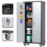 JAORD Garage Storage Cabinets with Wheels and Pegboard,Rolling Metal Storage Cabinets with 2 Locking Doors and 4 Adjustable Shelves for Garage, Home, Assembly Required JAORD