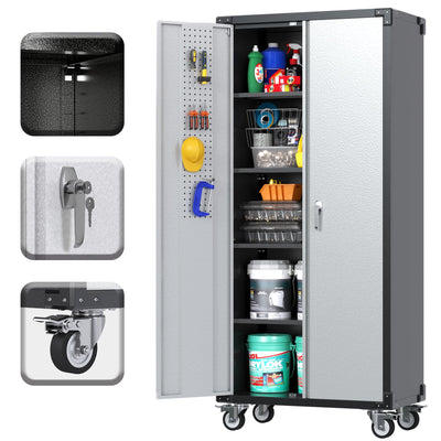 JAORD Garage Storage Cabinets with Wheels and Pegboard,Rolling Metal Storage Cabinets with 2 Locking Doors and 4 Adjustable Shelves for Garage, Home, Assembly Required