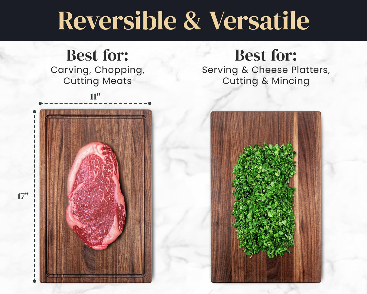 Mevell Walnut Wood Cutting Board for Kitchen, Reversible Wooden Chopping Board With Juice Grooves, Made in Canada (Walnut, 17x11x0.75) Mevell