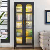 YILFANA 71” Tall Glass Cabinet, Display Case with Glass Doors and Lights, Metal Storage Cabinets, Hutch Cabinet with Adjustable Shelves, Storage Cabinets for Dining Room, Living Room,Kitchen, Black YILFANA