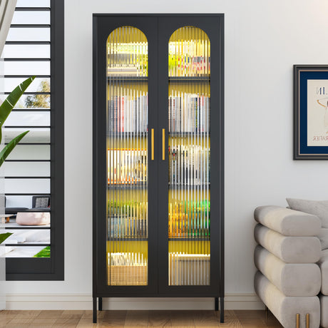 YILFANA 71” Tall Glass Cabinet, Display Case with Glass Doors and Lights, Metal Storage Cabinets, Hutch Cabinet with Adjustable Shelves, Storage Cabinets for Dining Room, Living Room,Kitchen, Black YILFANA