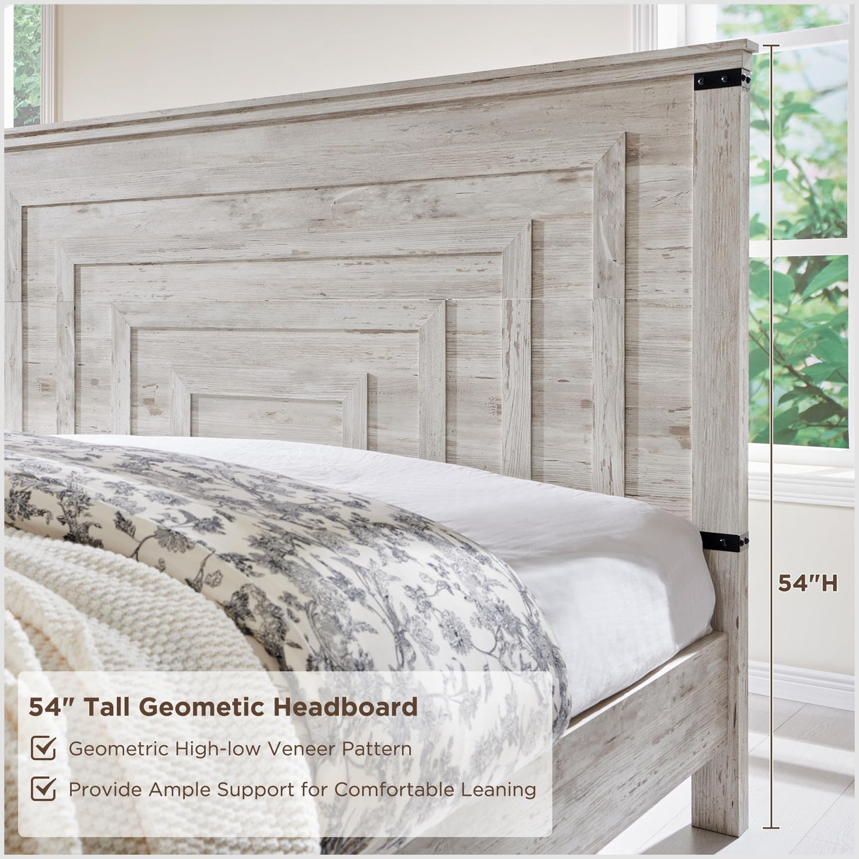 RedLemon Farmhouse King Size Bed Frame w/ 54" Tall Geometric Headboard, Rustic Wood Platform Bed w/ 2 Large Storage Drawers, Wood Slats Support, Noise Free, No Box Spring Needed, Antique Brush White RedLemon