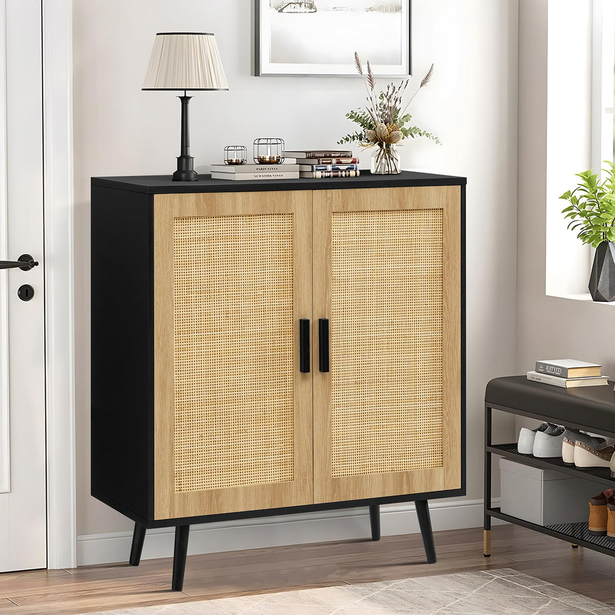 Iwell Storage Cabinet, Rattan Cabinet with Adjustable Shelf & Doors, Buffet Cabinet with Storage, Accent Cabinet for Living Room, Kitchen, Entryway, Natural+ Black Iwell