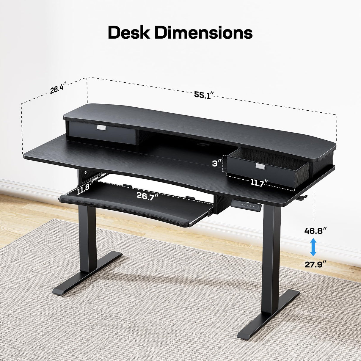 HUANUO 55" x 26" Electric Standing Desk with 2 Drawers & 26.7" Large Keyboard Tray, C-Clamp Mount Compatible, Adjustable Computer Desk for Home Office, Stand Up Desk with 4 Height Presets, Black HUANUO