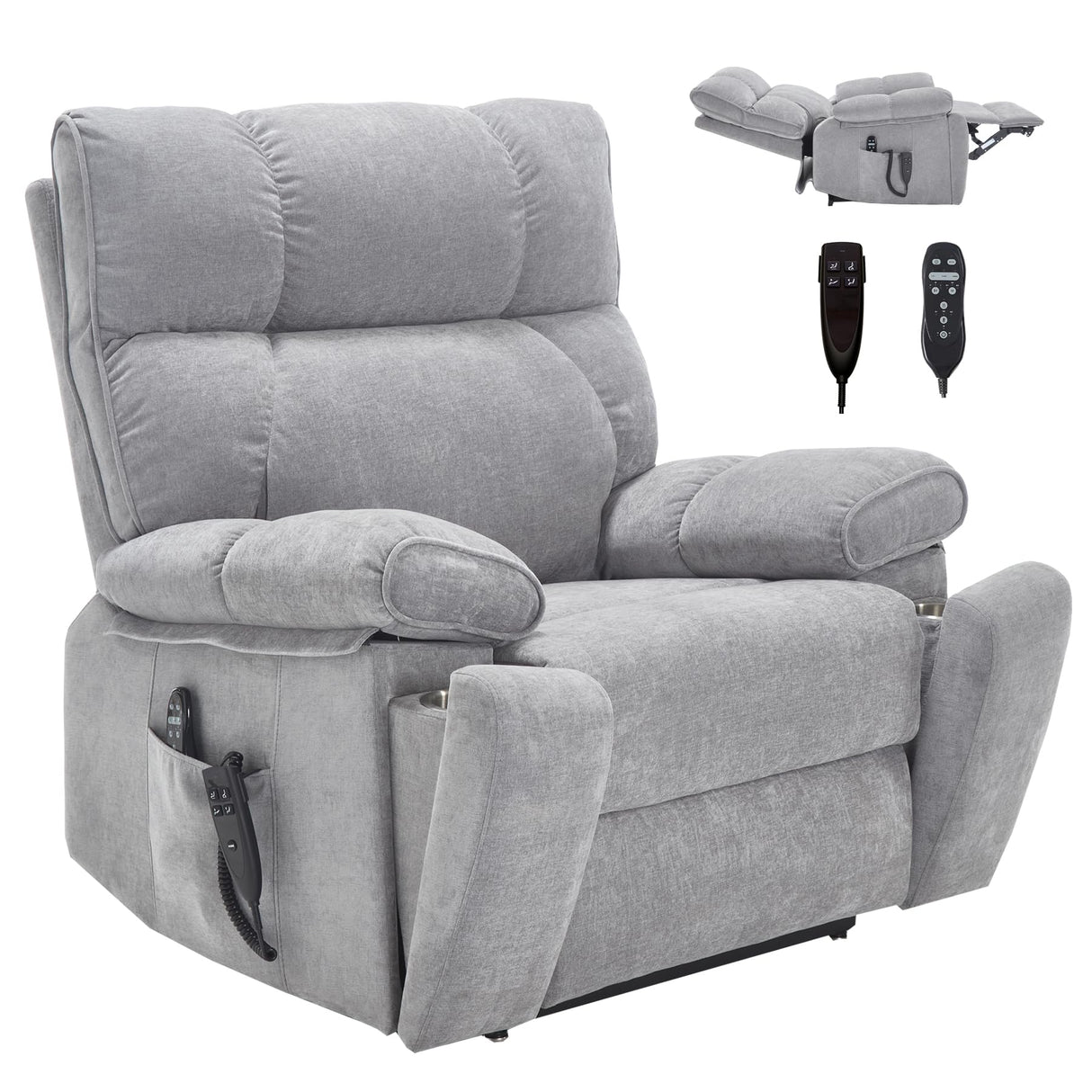 RHHVVR Oversized Power Lift Recliner Chair with Massage and Heating, 24.8" W Big Lay Flat Lift Recliner for Elderly, Medium-Firm Electric Recliners with Hidden Cup Holders,Gray RHHVVR