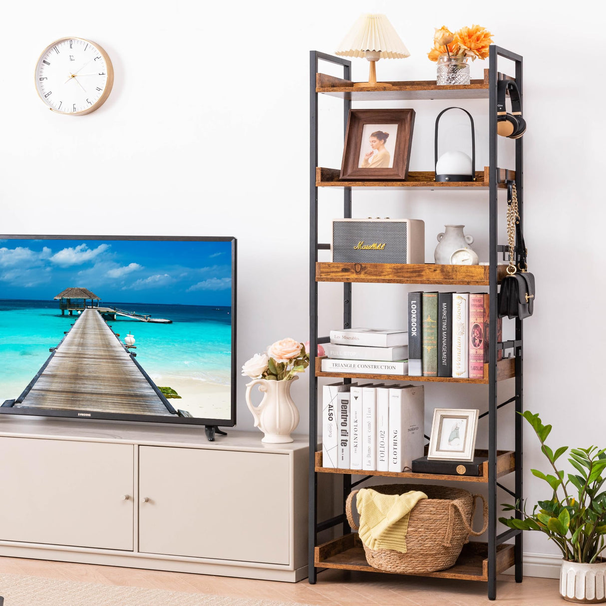 HCHQHS Adjustable 6 Tier Open Bookcase, Rustic Farmhouse Book Shelves, Industrial Wood and Black Metal Bookshelves, Mid Century Bookcase for Home Office Living Room Bedroom HCHQHS