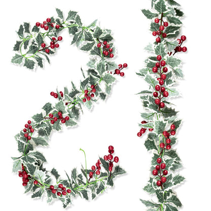 Whaline 2Pcs Christmas Artificial Garland, 15.7Ft Xmas Berry Holly Leaves Garland Christmas Faux Greenery Garland Winter Snowy Red Berries Hanging Vine for Christmas Wedding Party Home Decoration