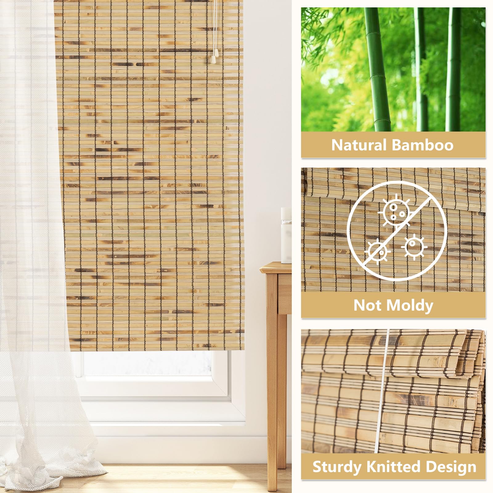 Bamboo Roman Window Blinds Sun Shades, 42W x 72H, Light Filtering Roller Shades,Any Size 24-72 Wide and 72 High - WoodArtSupply