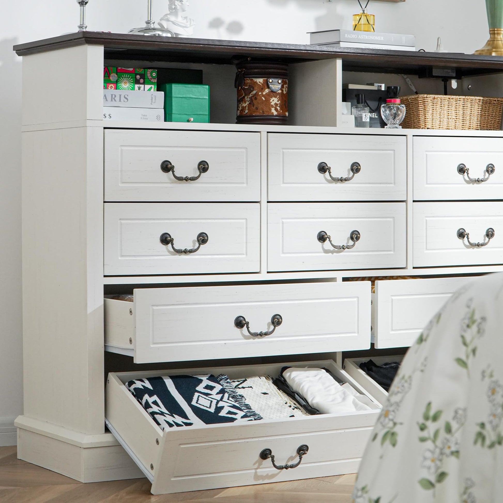 EnHomee Farmhouse Dresser with LED & Power Outlet 55.2''W Wood Dresser for Bedroom White 10 Drawers Dresser Vintage Dressers & Chests of Drawers Dresser TV Stand, Hallway, Antique White - WoodArtSupply