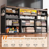 EnHomee Dresser TV Stand with 11 Drawers for 60" TV Stand for Bedroom with LED Lights & Power Outlets Long Dresser for Bedroom with Shelves & 4 Hooks, Sturdy Metal Frame & Thick Wood Top, Rustic Brown EnHomee