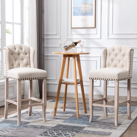 DUOMAY Classic Tufted 30 Inch Bar Stools Set of 2, Linen Upholstered Counter Chairs with Back, Armless Barstools Breakfast Stools W/Solid Wood Legs for Kitchen Island Lounge Pub Bar, Beige DUOMAY