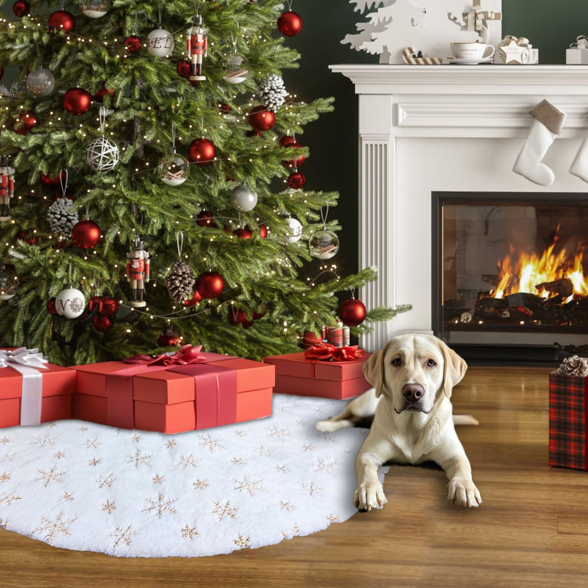 AOGU 60 Inch Sequin Faux Fur Christmas Tree Skirt Decoration for Merry Christmas Party White Plush Gold Sequin Snowflake Xmas Christmas Tree Skirt Decorations AOGU