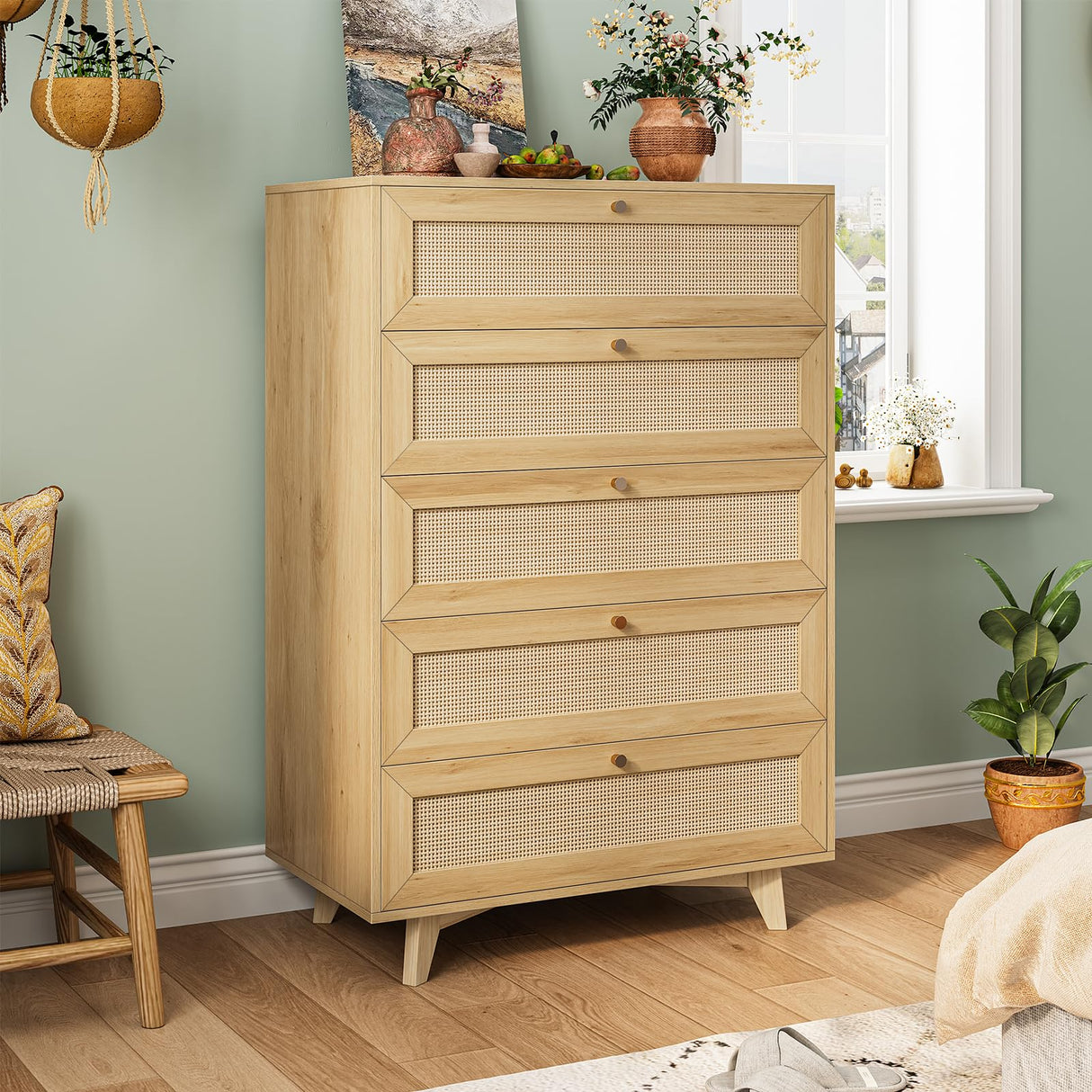 AOGLLATI Rattan Dresser for Bedroom with 5 Drawer, Modern Double Wooden Tall Bedroom Dresser, Chest of Drawers with Metal Handle & Solid Wood Legs for Bedroom/Living Room, AOGLLATI