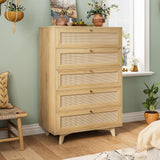 AOGLLATI Rattan Dresser for Bedroom with 5 Drawer, Modern Double Wooden Tall Bedroom Dresser, Chest of Drawers with Metal Handle & Solid Wood Legs for Bedroom/Living Room, AOGLLATI