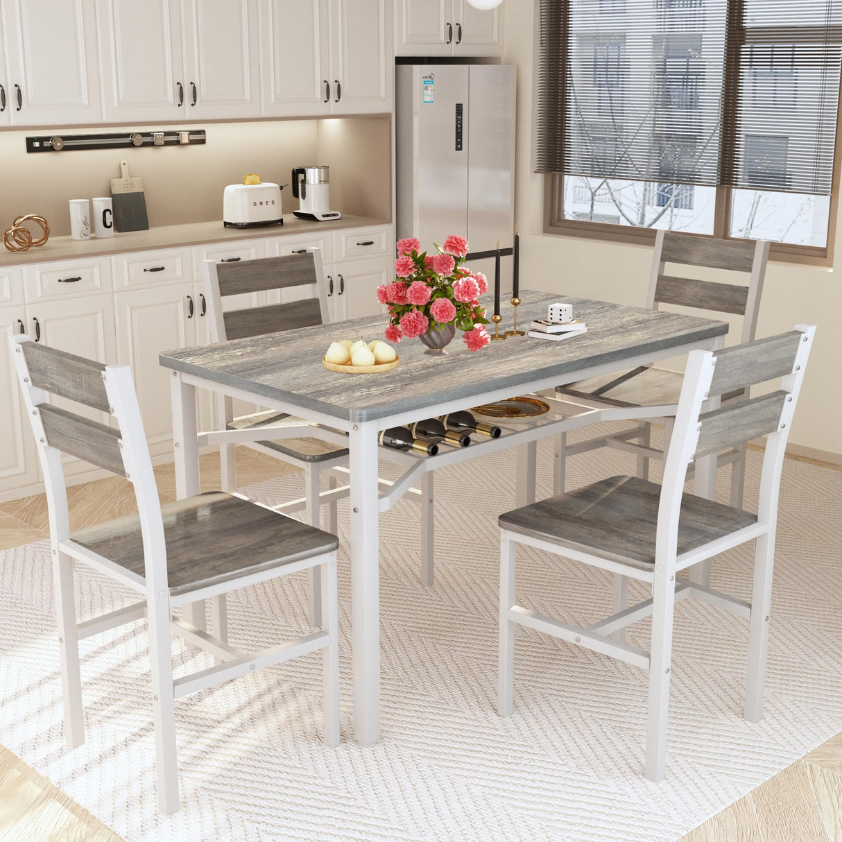 Hooseng Dining Table Set for 4, Wood Kitchen Table Chairs Set with Storage, Farmhouse 5 Piece Dining Room Table Set, Space-Saving Dinette Set for Breakfast Nook, Apartment Hooseng