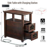 HDDDZSW Farmhouse XXL End Table with Charging Station, Narrow Side Table with USB Ports and Outlets, Nightstand with 2 Drawers Storage, Bedside Tables for Living Room, Bedroom, Rustic Cherry HDDDZSW