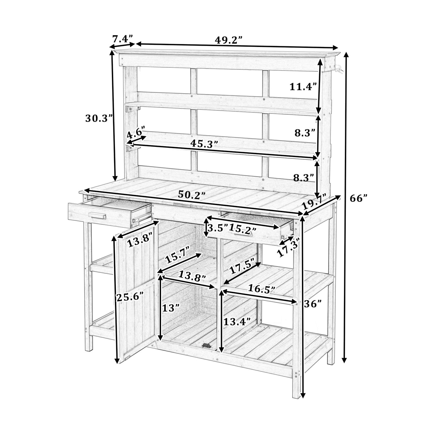 66" Large Outdoor Farmhouse Wooden Potting Bench Table, Garden Workstation with 2 Drawers, Cabinet and Open Shelves for Backyard, Mudroom (Brown-@16)