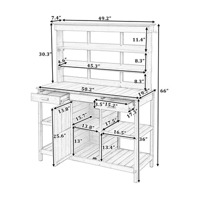 66" Large Outdoor Farmhouse Wooden Potting Bench Table, Garden Workstation with 2 Drawers, Cabinet and Open Shelves for Backyard, Mudroom (Brown-@16)