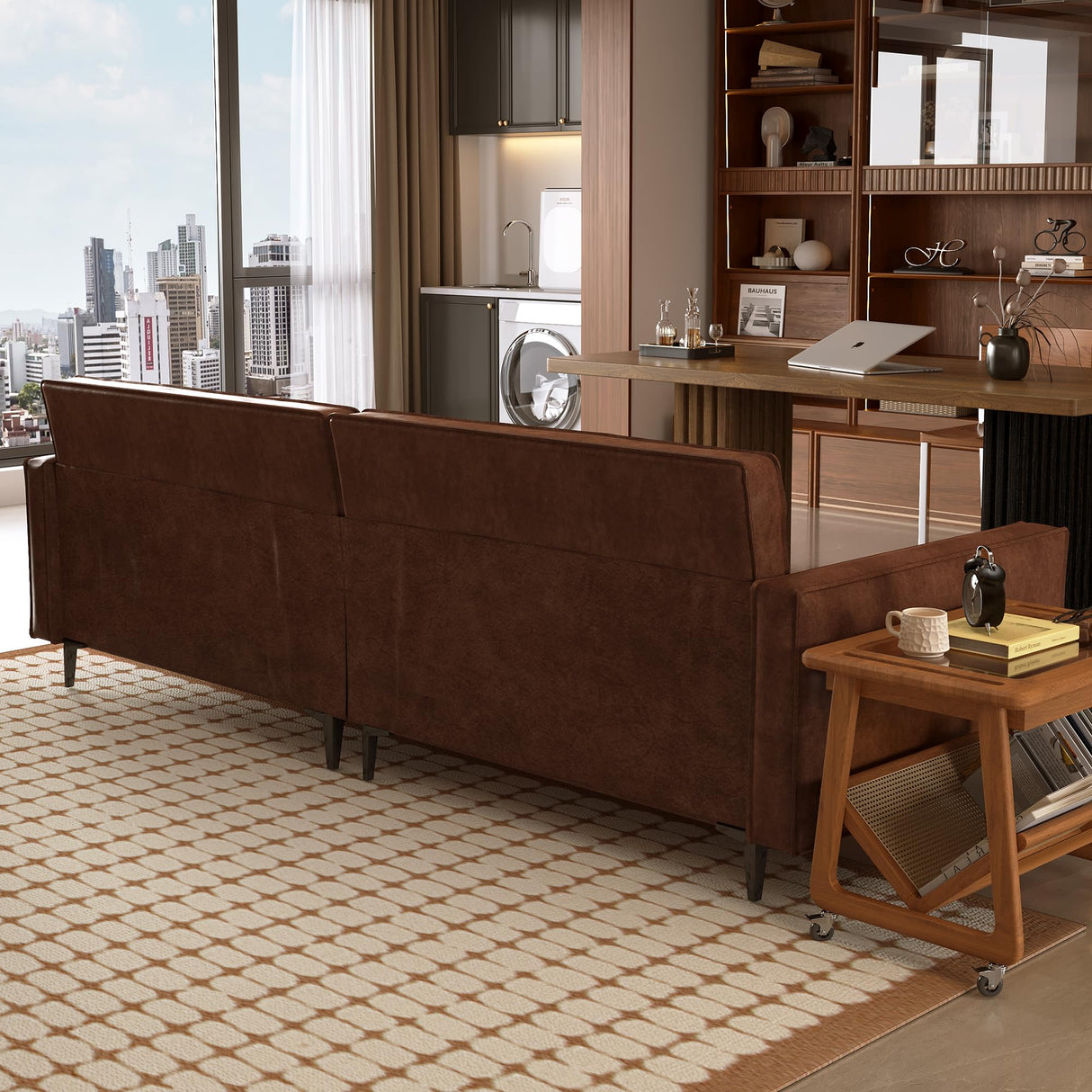 Pajiasen Mid-Century Modern Faux Leather Sofa Couch, 86" Brown 3-Seater Leather Sofa with Deep Cushions, Square Armrests & Sturdy Metal Legs, Retro Contemporary Couch for Living Room Pajiasen