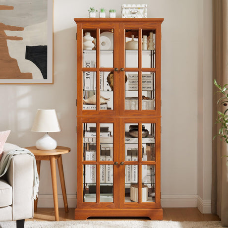 Eyisean Lighted Display Curio Cabinet 69" H China Cabinet with 4 Glass Doors, 6 Shelves, Freestanding Glass Display Cage Wine Cabinet Storage Rack for Bar and Liquor Storage (Dark Oak) Eyisean