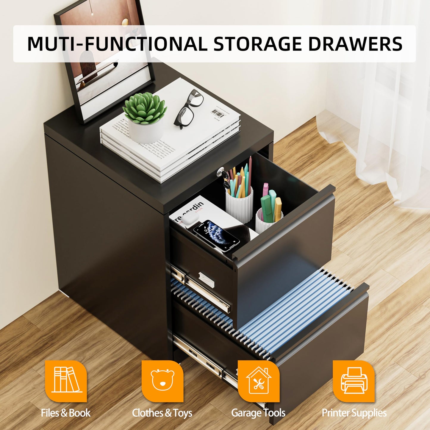 INTERGREAT 2 Drawers File Cabinet with Lock, 18" D Vertical Filing Cabinet for Home Office, Metal Black File Cabinet for Hanging Letter/F4/A4/Legal Folders, Easy Assemble - WoodArtSupply