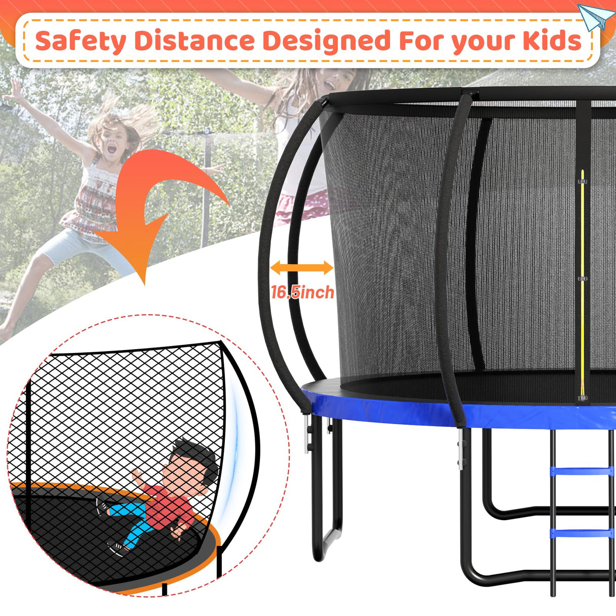 Zevemomo Outdoor Trampoline for Kids and Adults, 12FT 14FT Trampoline with Curved Poles Reinforced Enclosure, Recreational Trampolines with Ladder & Enclosure Net Blue Zevemomo