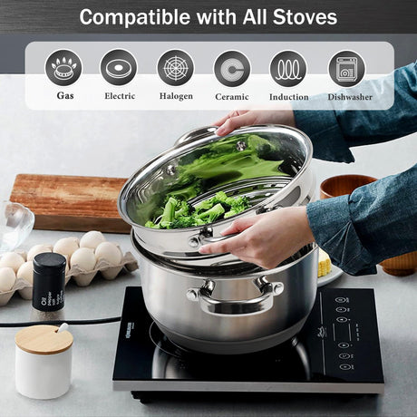 AuFranc® 4 Quart 18/10 Stainless Steel Tri-ply Stockpot and Steamer with Tempered Glass Lid, Multipurpose Steamer Pot Compatible with All Cooktops, Non-Toxic Soup Pot, Oven & Dishwasher Safe (Silver) Aufranc