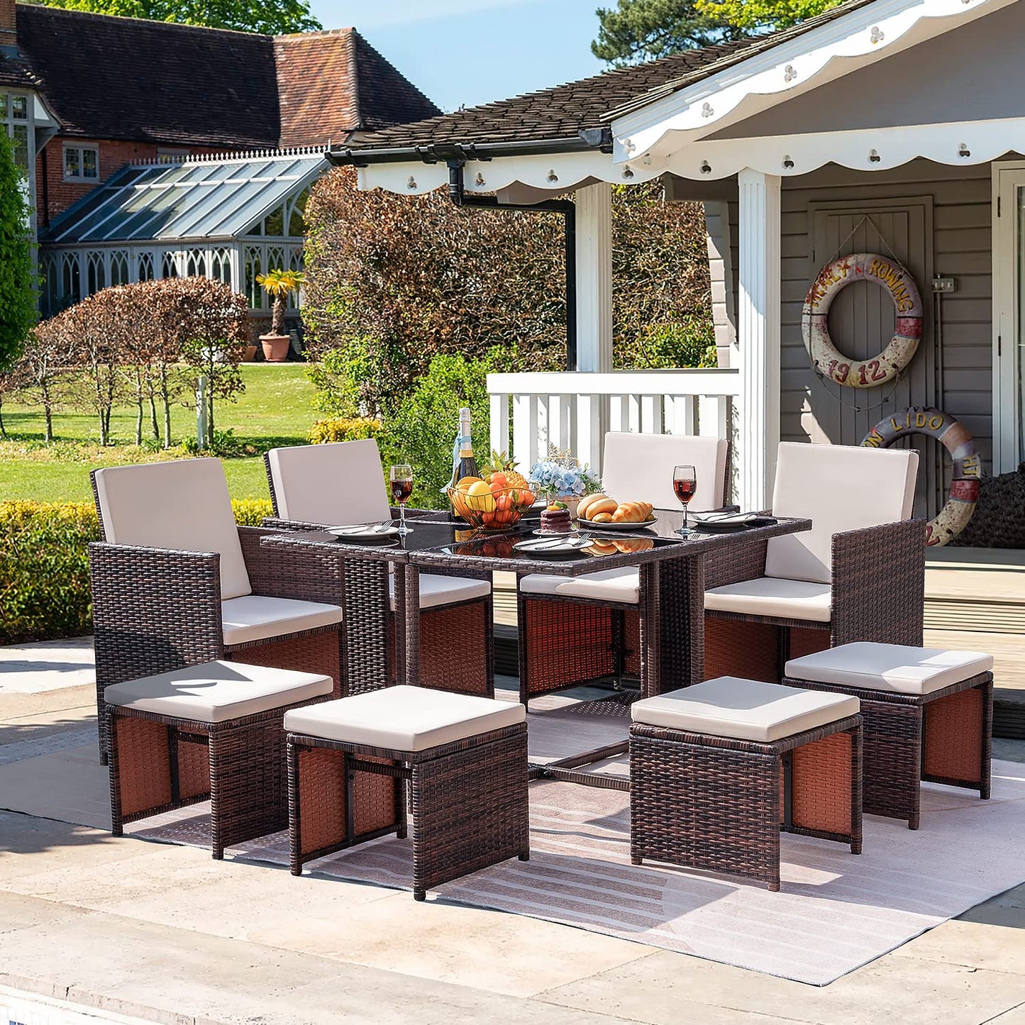 Homall 9 Pieces Dining Outdoor Furniture Patio Wicker Rattan Chairs and Tempered Glass Table Sectional Conversation Set Cushioned with Ottoman (Brown) - WoodArtSupply