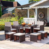 Homall 9 Pieces Dining Outdoor Furniture Patio Wicker Rattan Chairs and Tempered Glass Table Sectional Conversation Set Cushioned with Ottoman (Brown) Homall