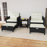 Yaheetech 5 Piece Patio Conversation Set with Ottomans, PE Wicker Balcony Furniture, Rattan Lounge Sofa with Cushions & Pillows, 2 Chairs & Side Table for Backyard, Porch, Garden, Black/Beige Yaheetech