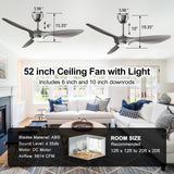 reiga 52 Inch Modern Smart WiFi Ceiling Fan with Light and Remote Control, Living Room Bedroom Patio 3 Blade Ceiling Fans with Reversible Mute DC Motor, Silver reiga