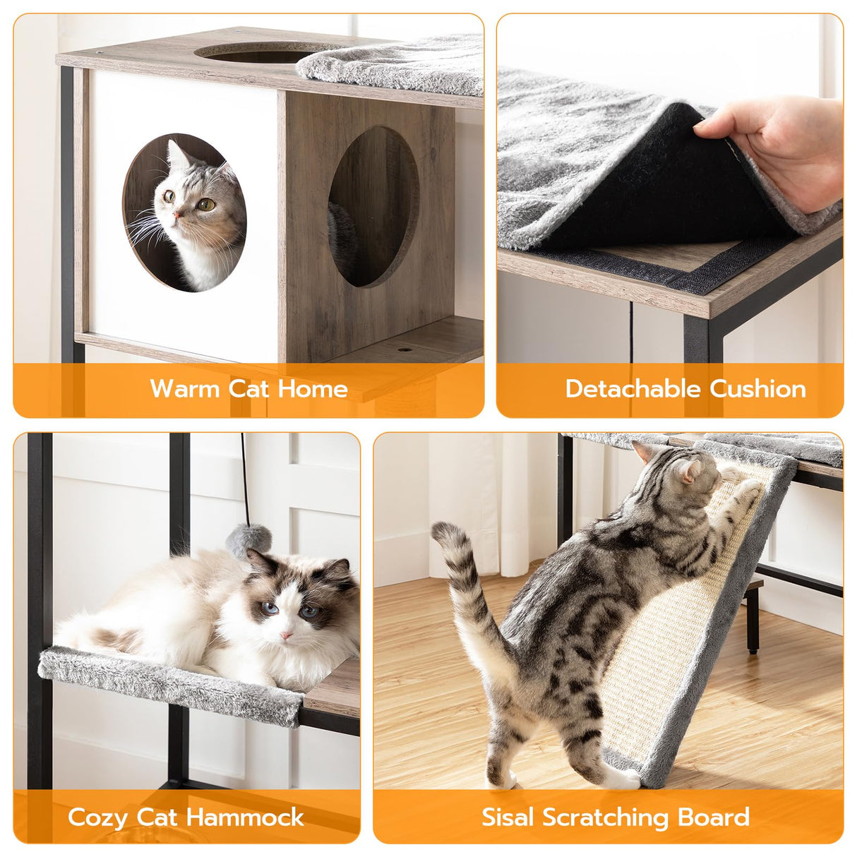 HOOBRO Wooden Cat Tree, Versatile Cat Tower with Scratching Post, Cat Hammock and Food Bowls, 4-Tier Pet House for Indoor Cats, Multi-Cat Families, Greige BG34MZ03 HOOBRO