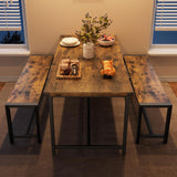 IDEALHOUSE Dining Table Set for 4, Kitchen Table with Benches, Rectangular Dining Room Table Set with 2 Metal Wood Benches, 3 Piece Dining Table Set for Small Space, Apartment, Dinette, Retro Brown IDEALHOUSE