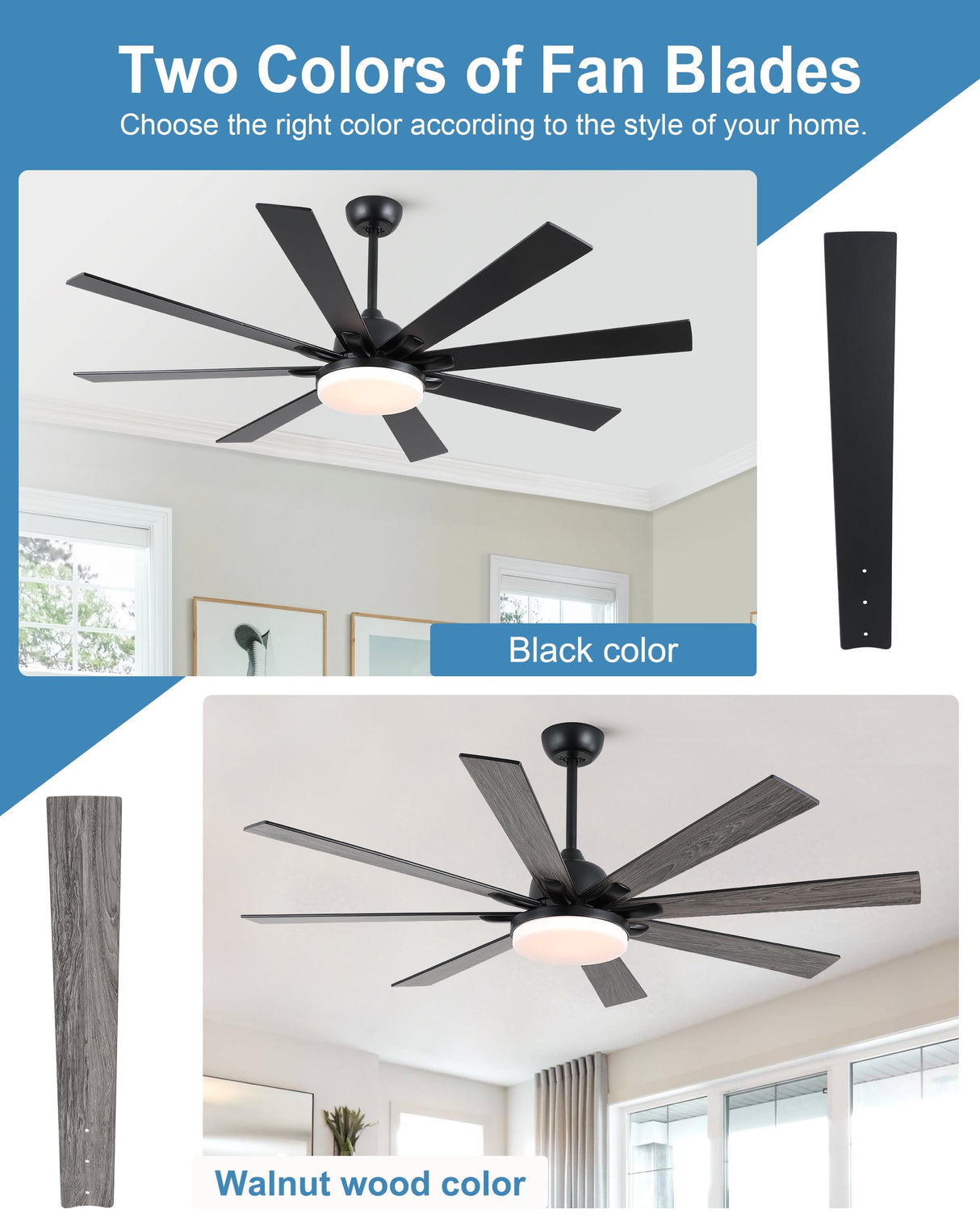 POCHFAN 62 inch Ceiling Fans with Lights and Remote Control, Large Black Ceiling fan with 8 Wooden Blades for Living Room Bedroom Patio, Quiet DC Motor, 3-CCT Dimmable,6 Speed POCHFAN
