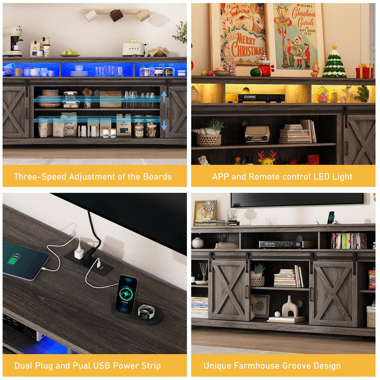 80" LED Farmhouse TV Stand for 90/85/80 Inch TVs,Tall Entertainment Center Storage Cabinets w/Power Outlets and Sliding Barn Door,Rustic TV Stands for Living Room,Media Console Cabinet (Charcoal) Hlivelood